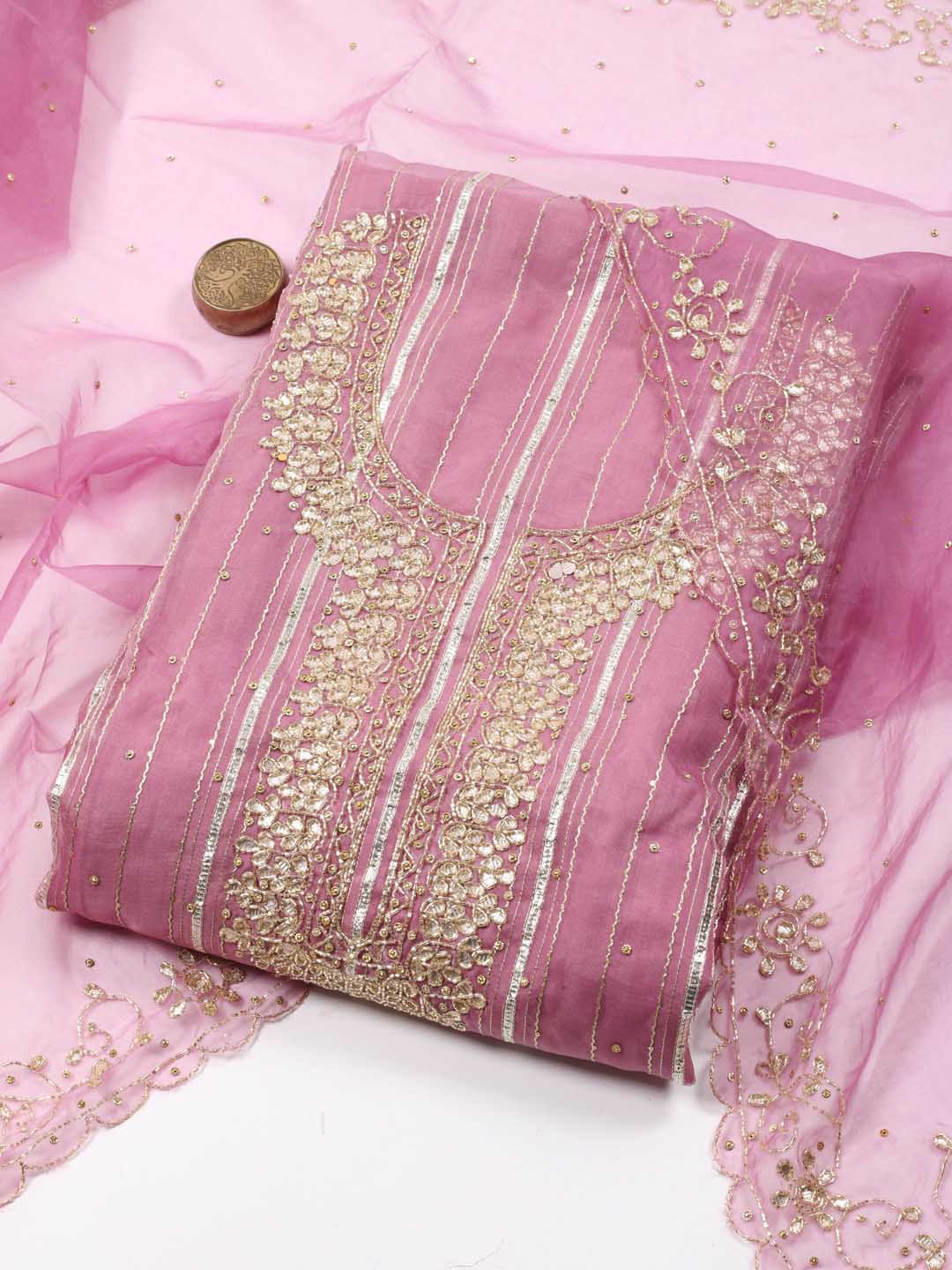 

Meena Bazaar Embellished Organza Unstitched Dress Material, Pink
