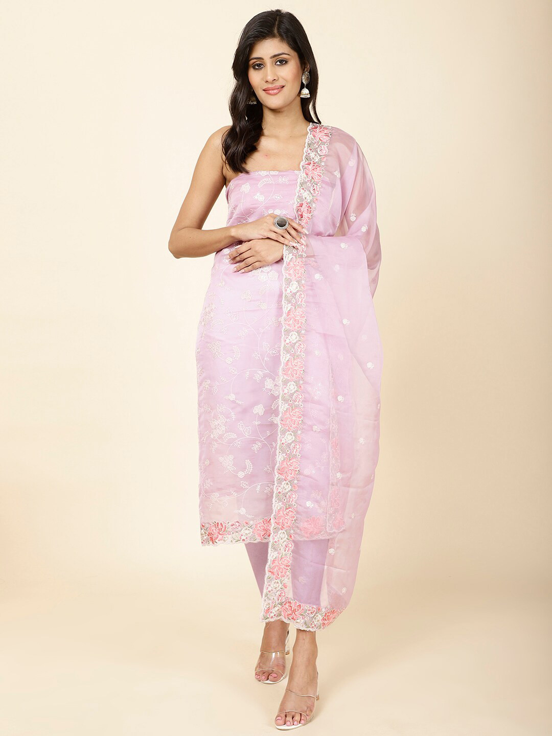

Meena Bazaar Floral Embroidered Sequinned Unstitched Dress Material, Purple