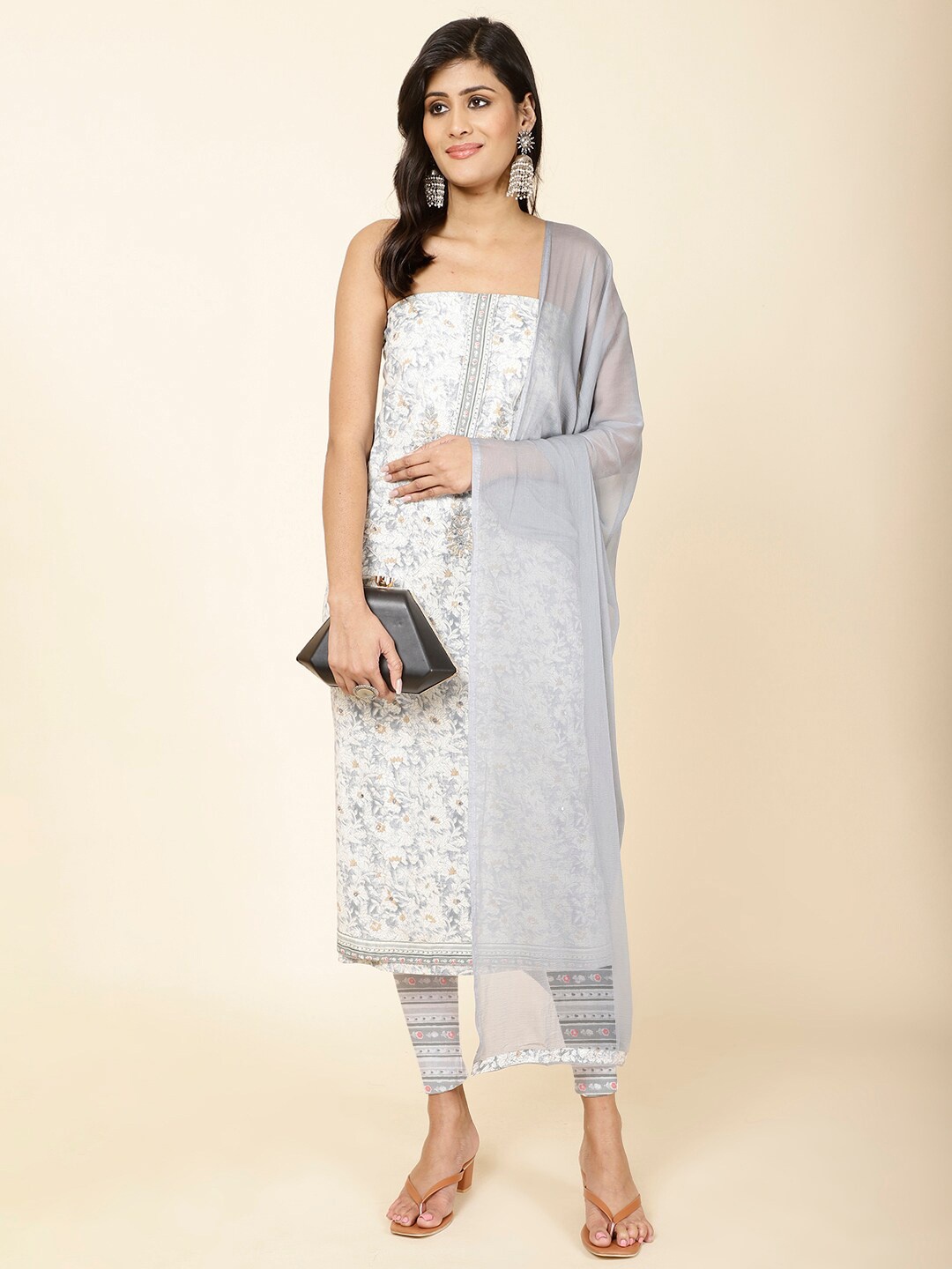 

Meena Bazaar Floral Printed Unstitched Dress Material, Grey