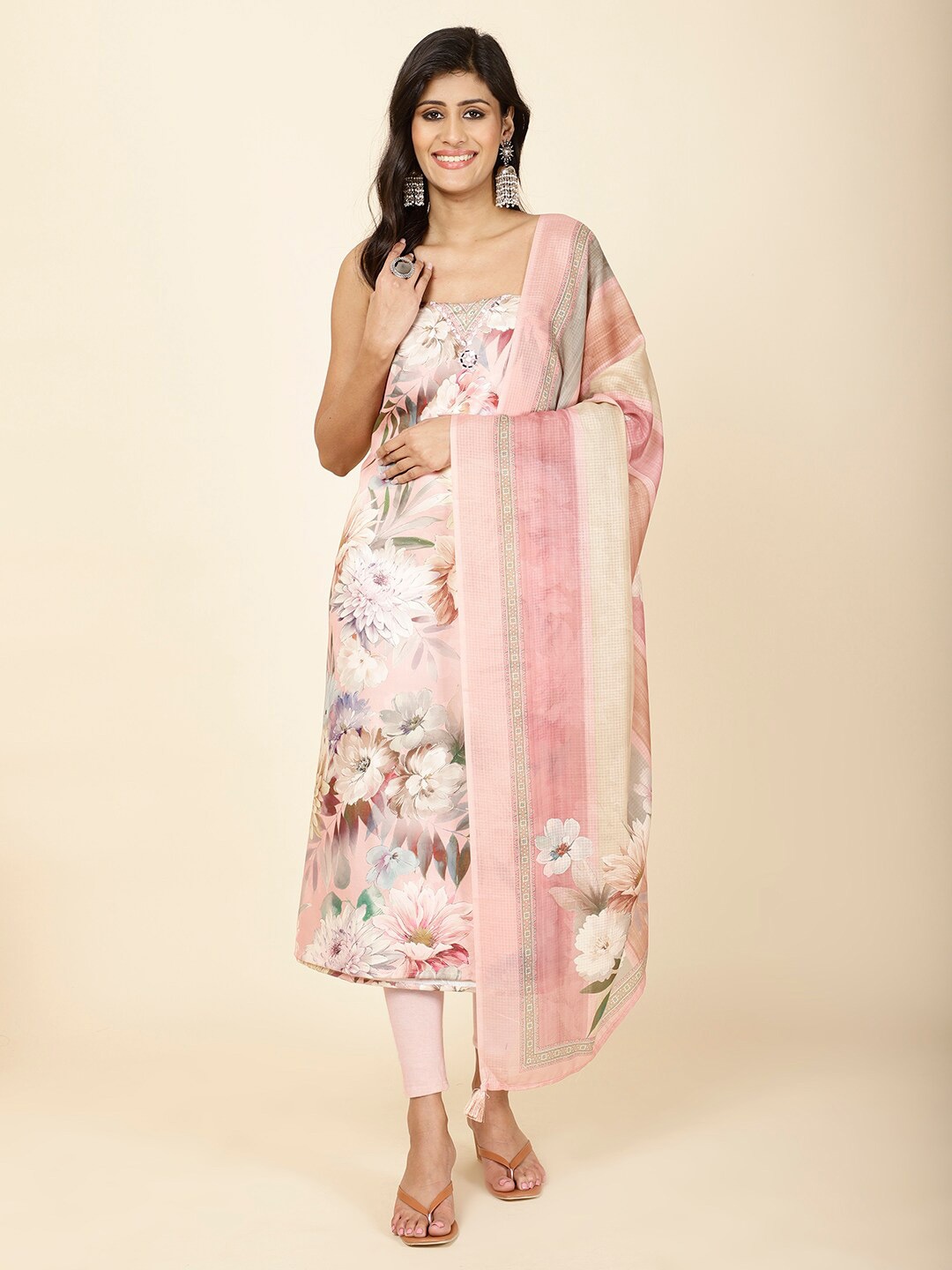 

Meena Bazaar Floral Printed Art Silk Unstitched Dress Material, Peach