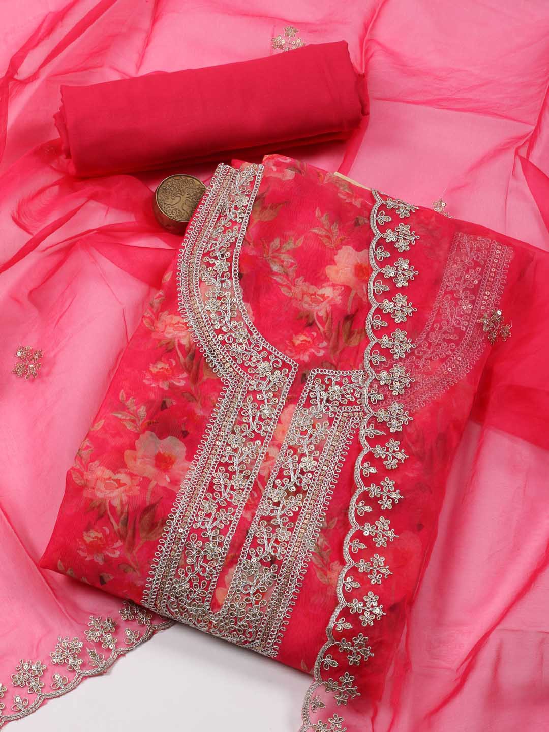 

Meena Bazaar Floral Printed Sequinned Unstitched Dress Material, Pink