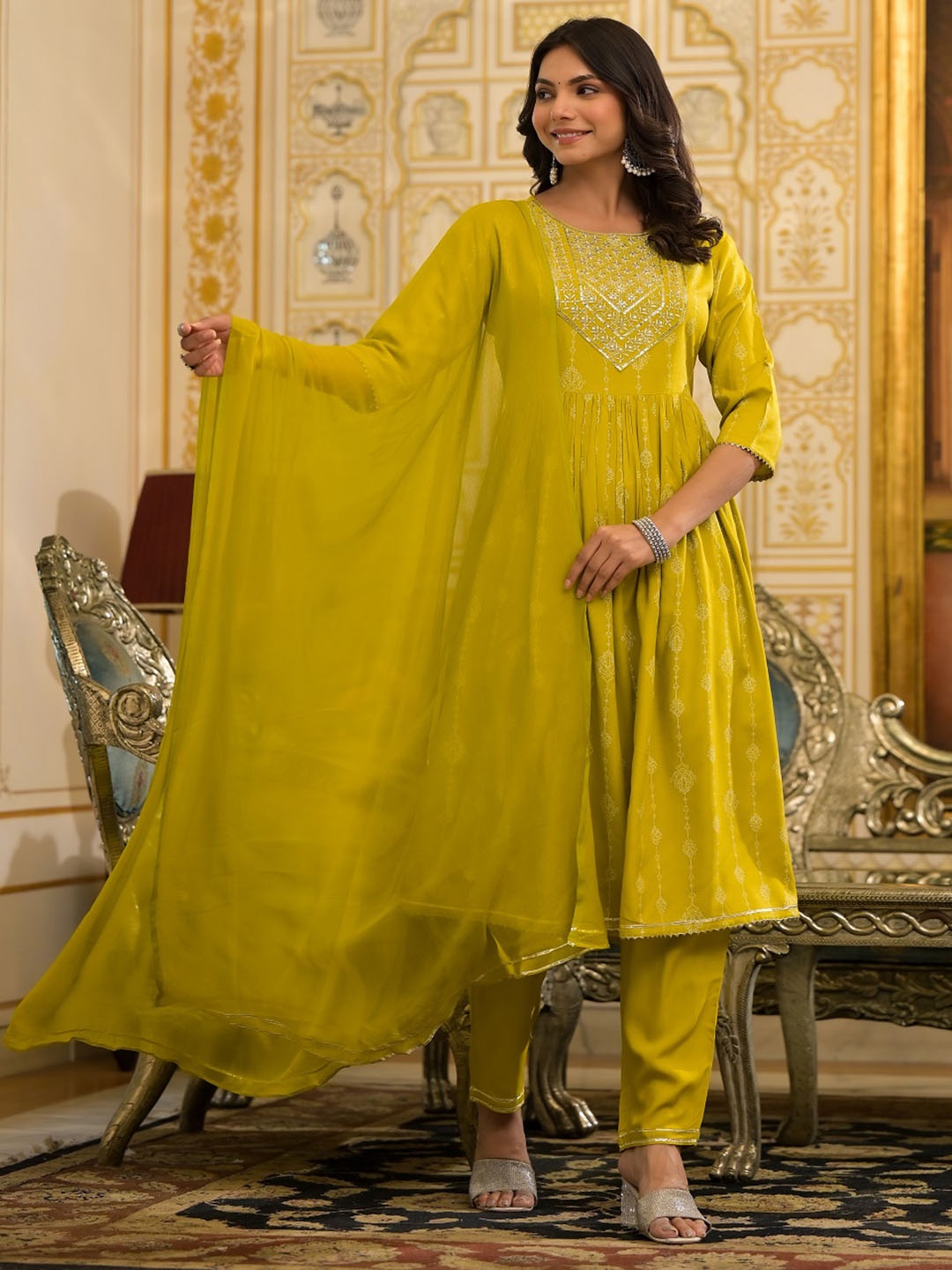 

Stylum Green Ethnic Motifs Embroidered Empire A Line Kurta with Trouser & Dupatta