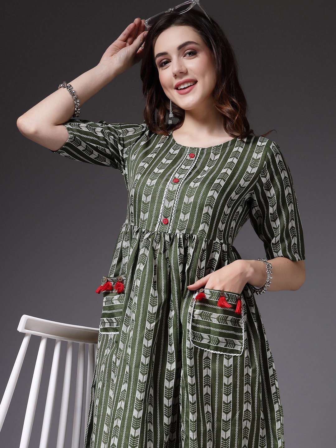 

Stylum Printed A-Line Ethnic Midi Dress, Green