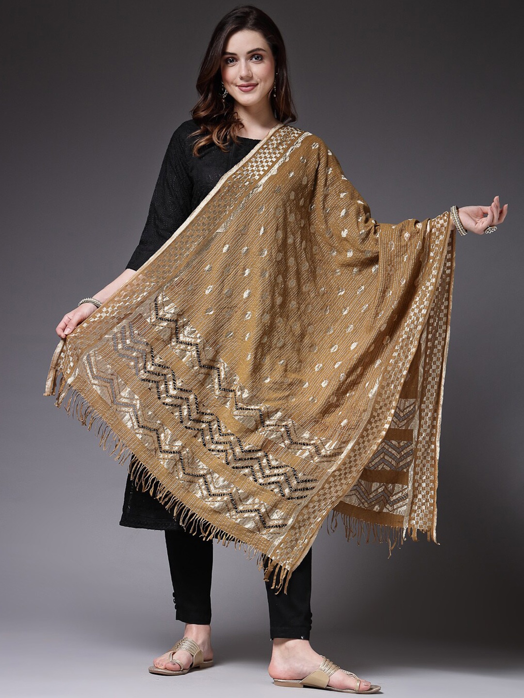 

Stylum Beige Ethnic Motifs Woven Design Dupatta
