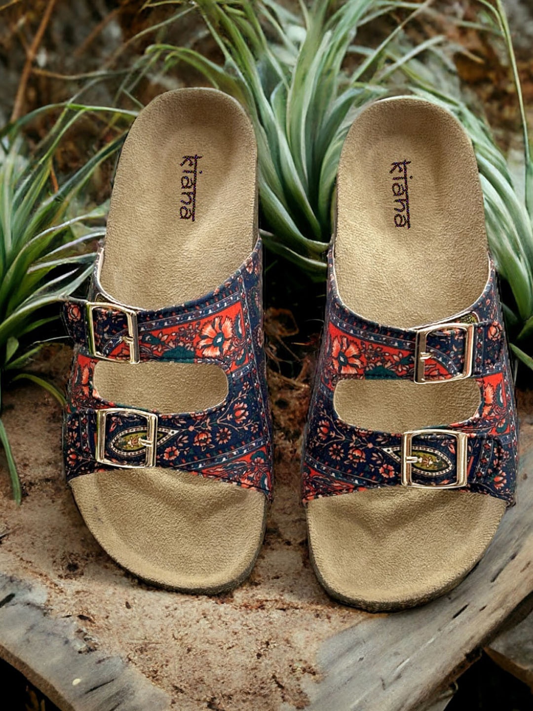 

Kiana Printed Buckles Detail Open Toe Flats, Blue