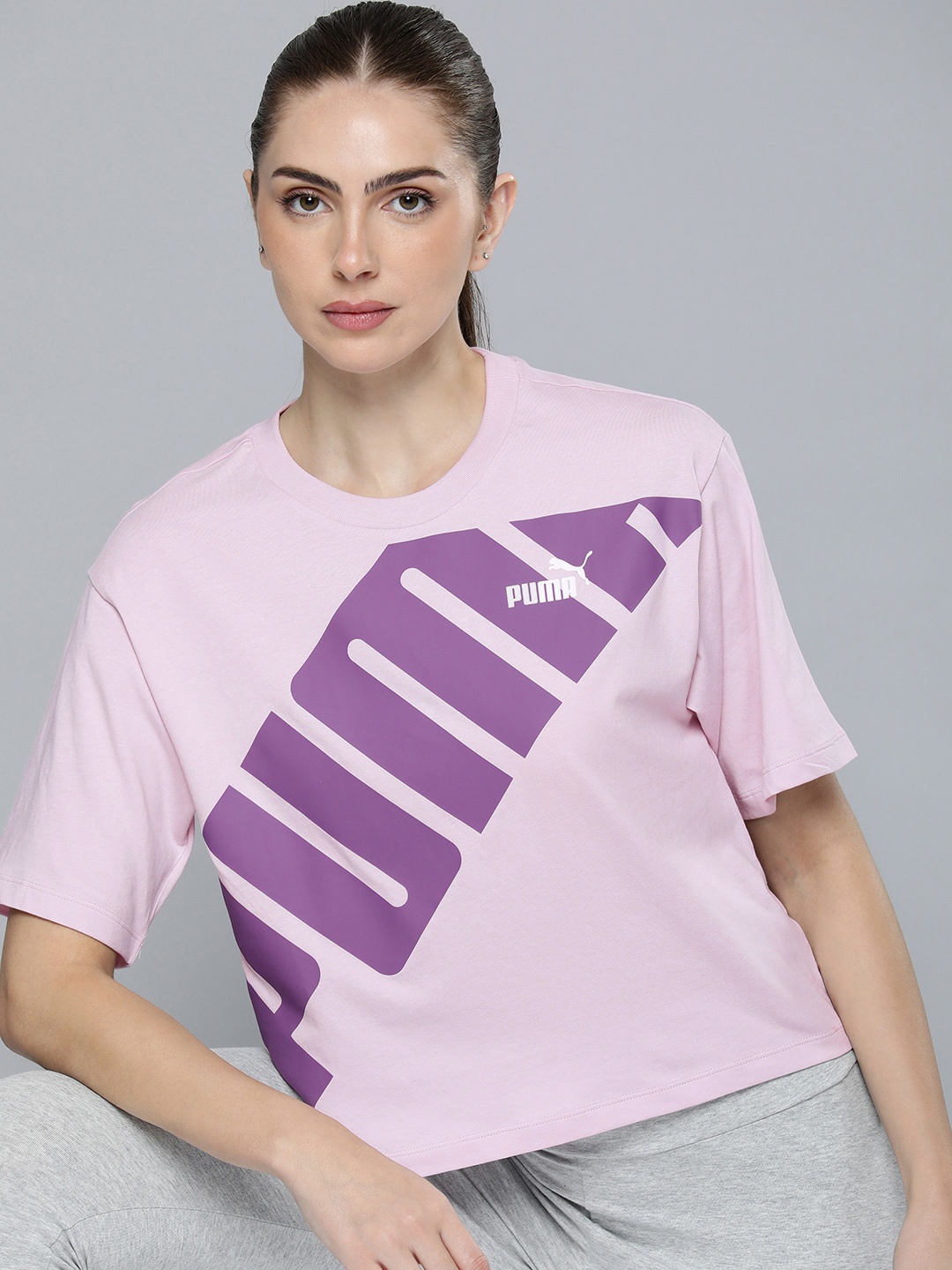 

Puma Women POWER Brand Logo Printed Drop-Shoulder Sleeves Pure Cotton T-shirt, Lavender