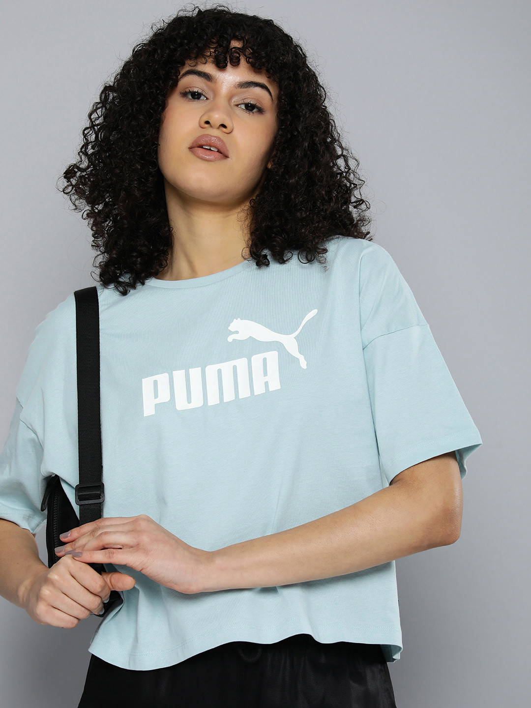 

Puma Women Brand Logo Printed Drop-Shoulder Sleeves Pure Cotton T-shirt, Turquoise blue