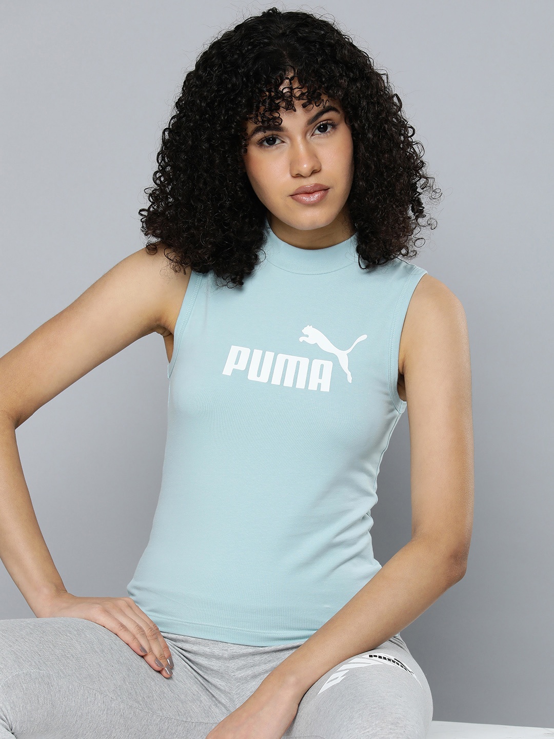 

Puma Women Brand Logo Printed High Neck Slim Fit T-shirt, Turquoise blue