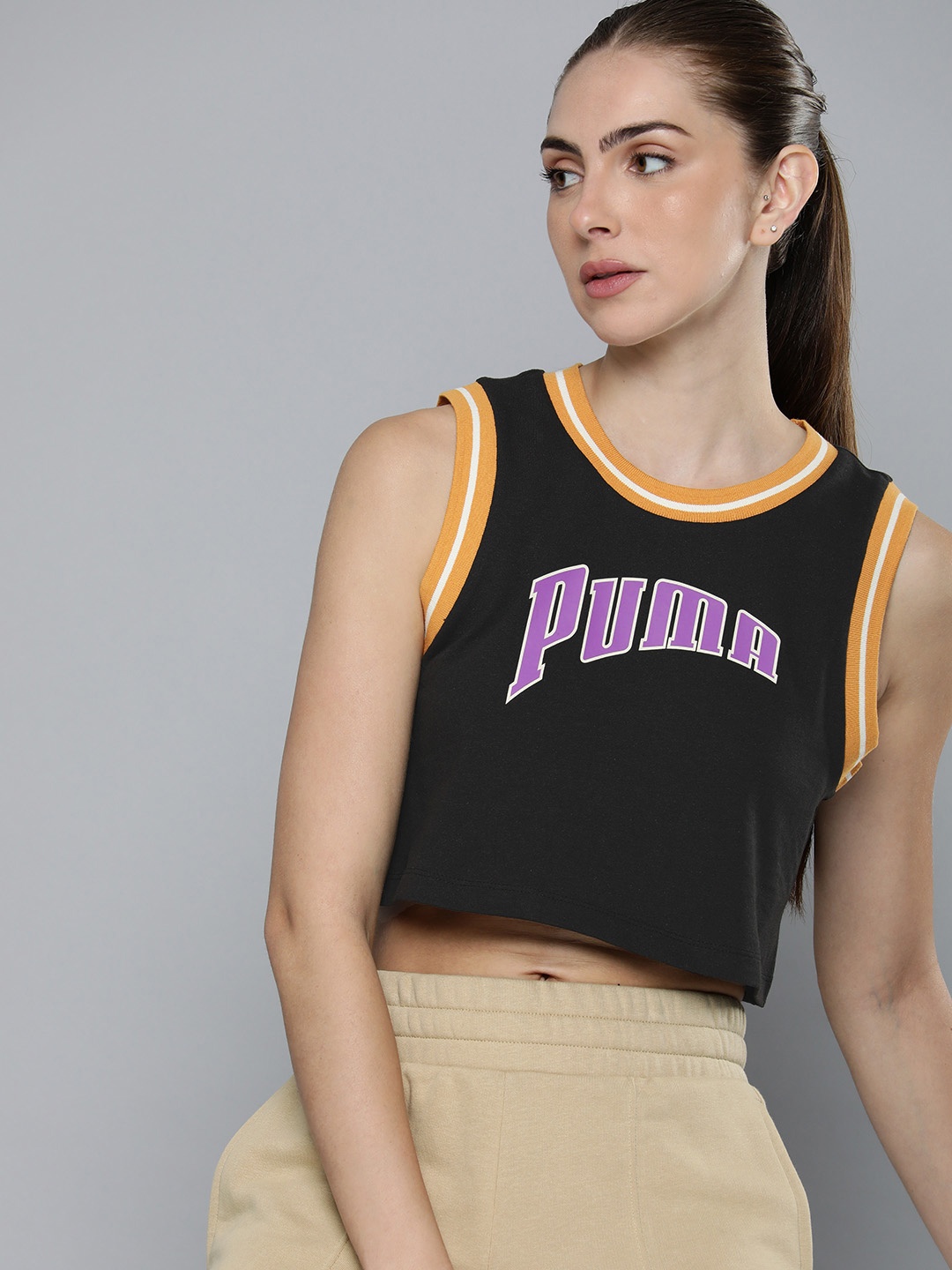 

Puma Women Team Brand Logo Graphic Print Pure Cotton Crop Tank Top, Black