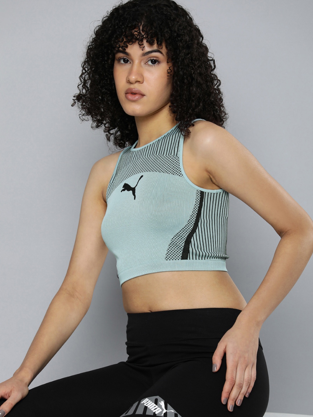 

Puma Women Vertical Stripes & Brand Logo Print Dare To Crop Fitted Top, Blue