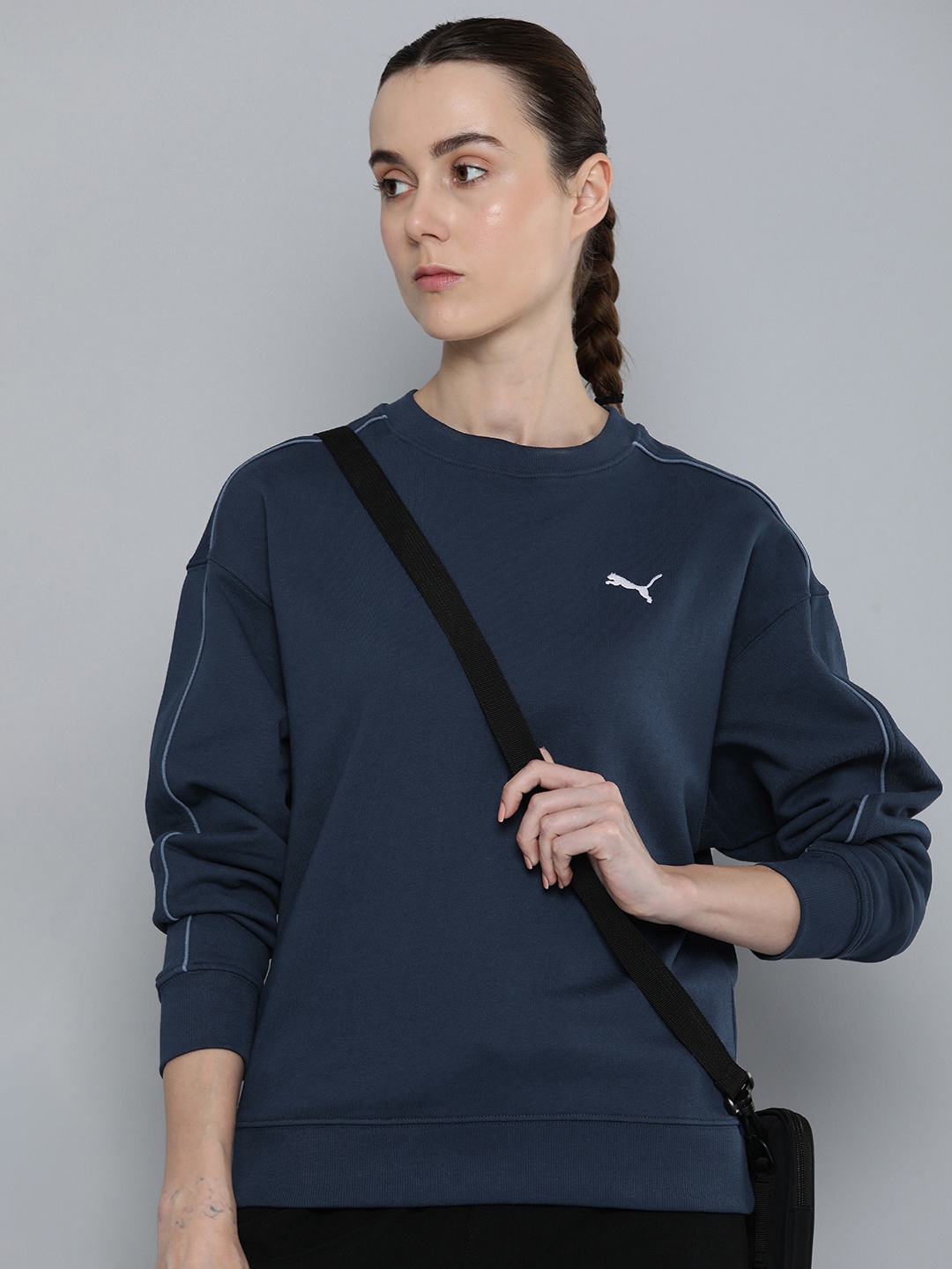 

Puma Women Solid Drop-Shoulder Sleeves Her French Terry Cotton Sweatshirt, Navy blue