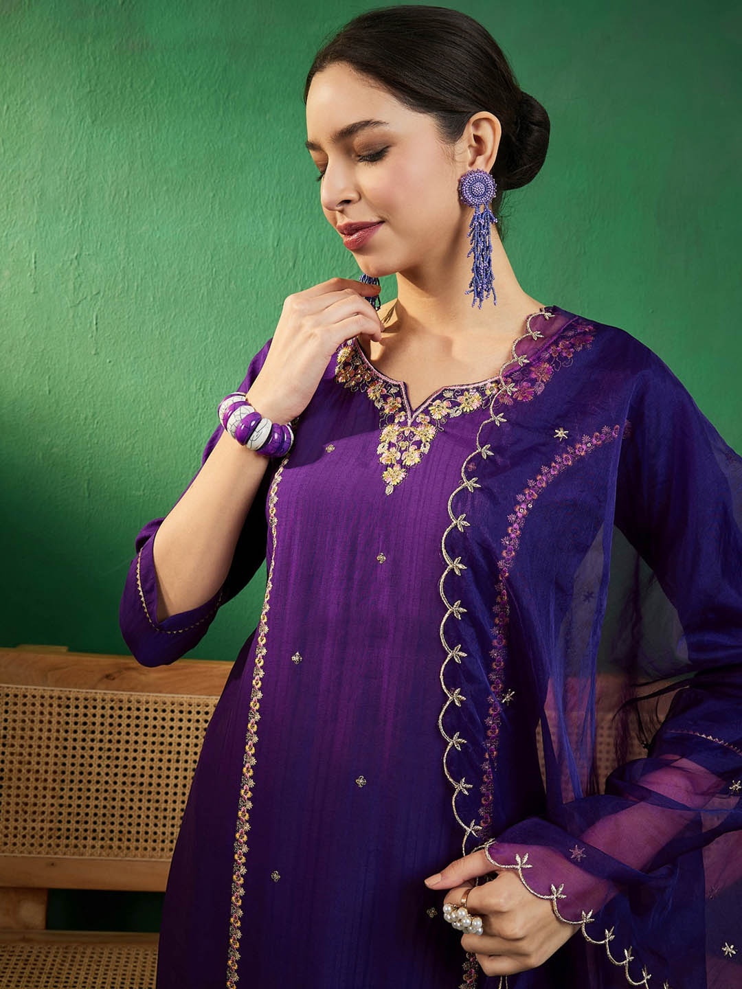 

Sangria Purple & Gold Toned Zari Embroidered Straight Kurta With Trouser & Dupatta