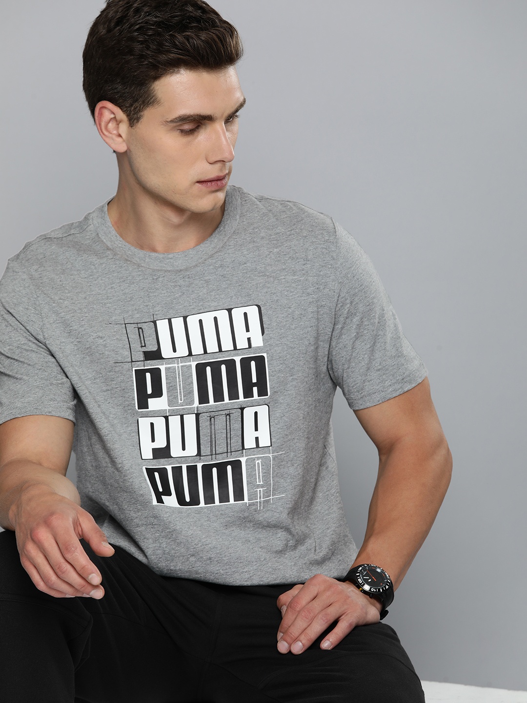 

Puma Men Brand LOGO LAB Printed Pure Cotton T-shirt, Grey