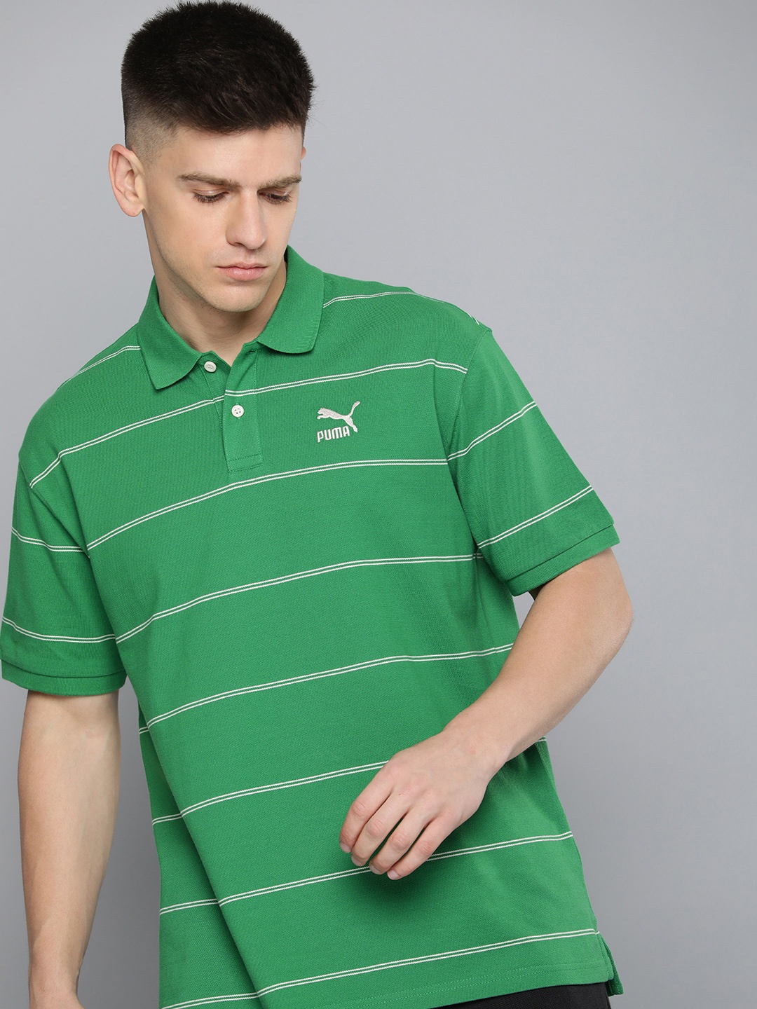 

Puma Striped Polo Collar Drop-Shoulder Sleeves Relaxed Fit Pure Cotton T-shirt, Green