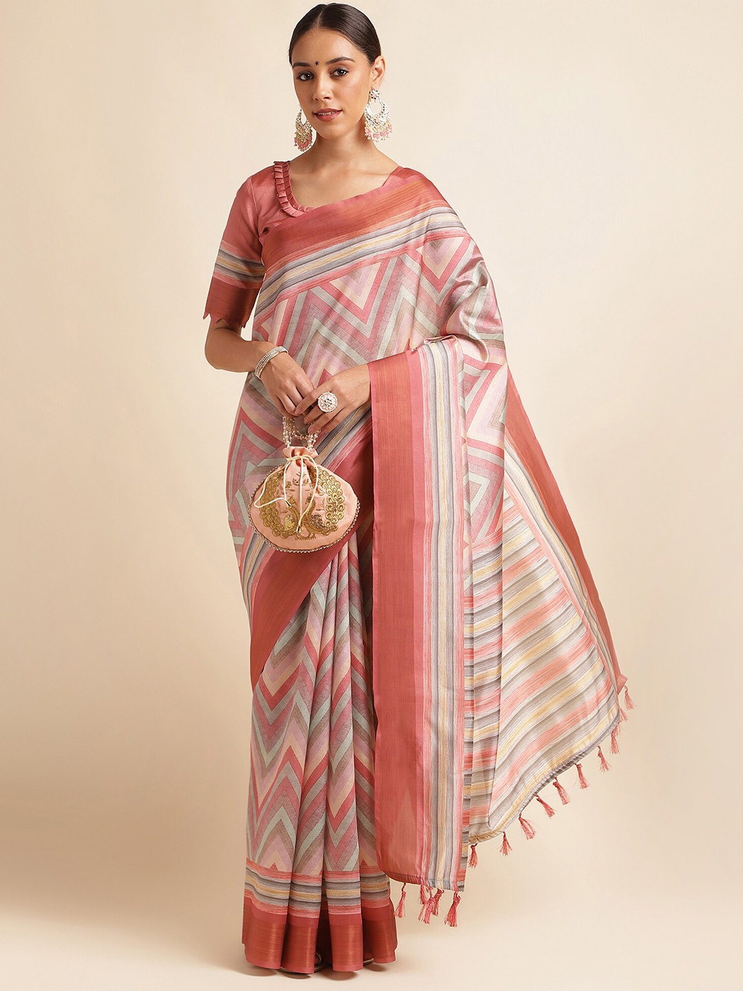 

DOI MOI Tissue Organza Geometric Printed Banarasi Saree, Pink