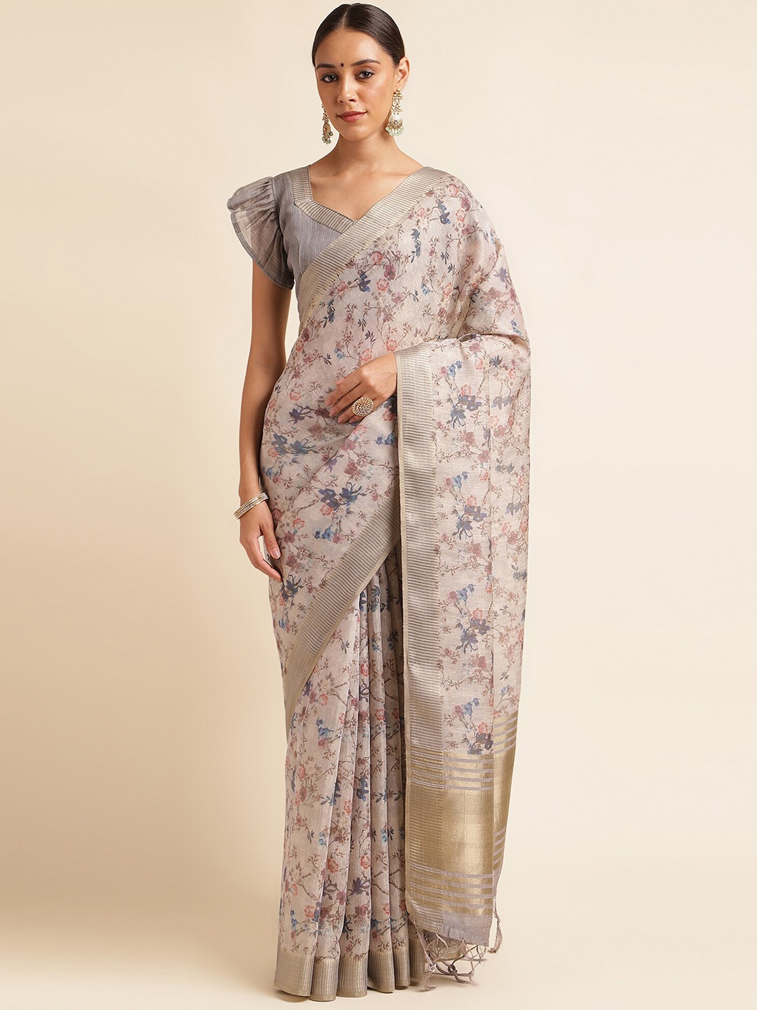 

DOI MOI Floral Printed Woven Design Zari Organza Banarasi Saree, Grey