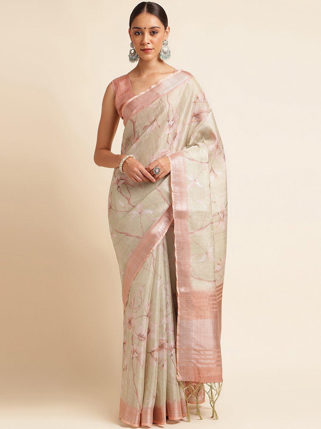 

DOI MOI Floral Printed Woven Design Zari Organza Banarasi Saree, Green