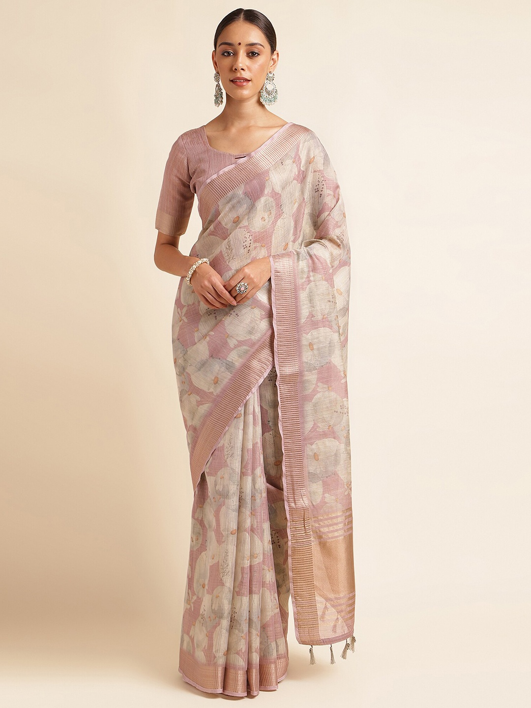 

DOI MOI Floral Printed Woven Design Zari Organza Banarasi Saree, Pink