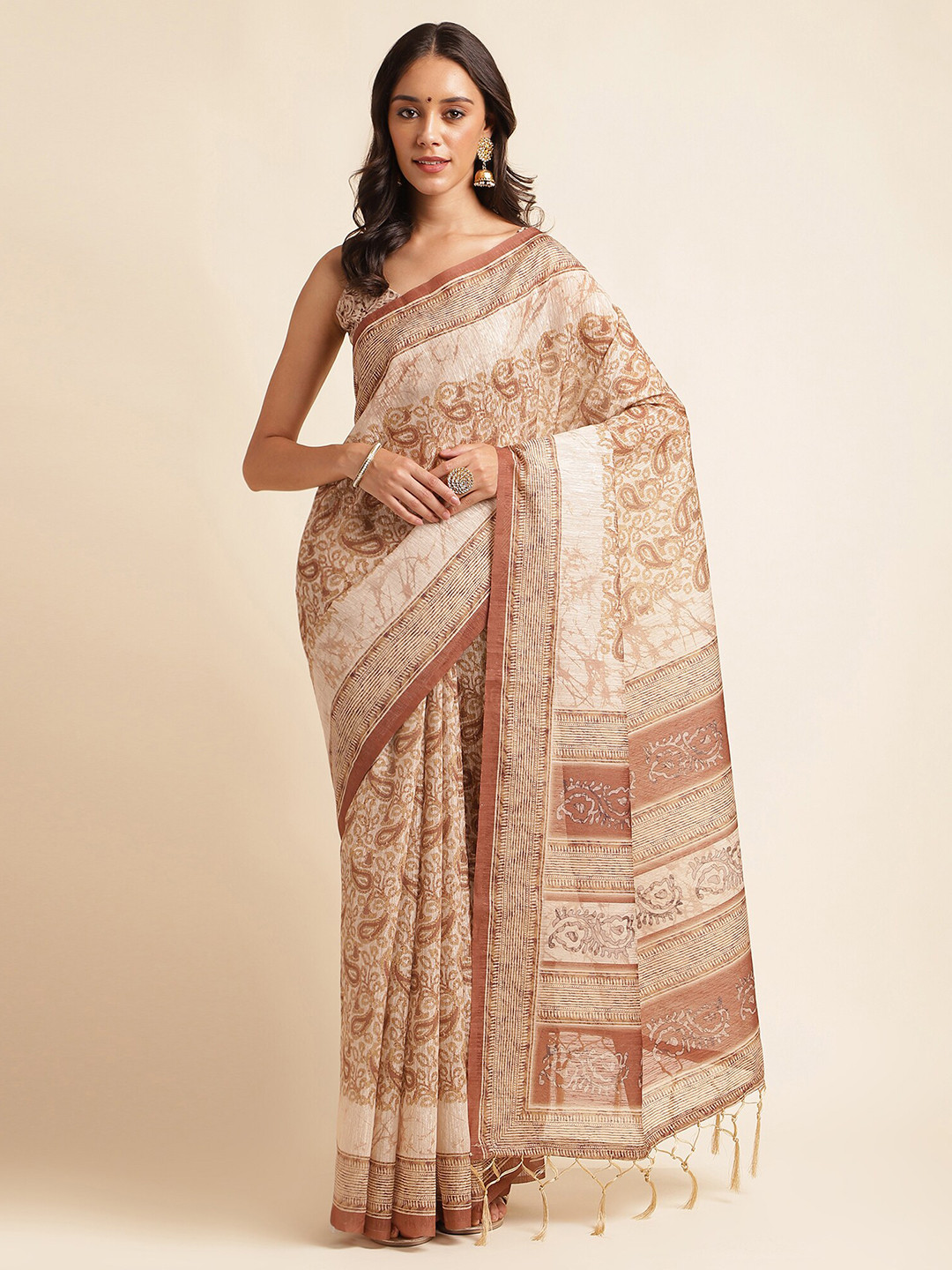 

DOI MOI Paisley Linen Silk Printed Banarasi Saree, Brown