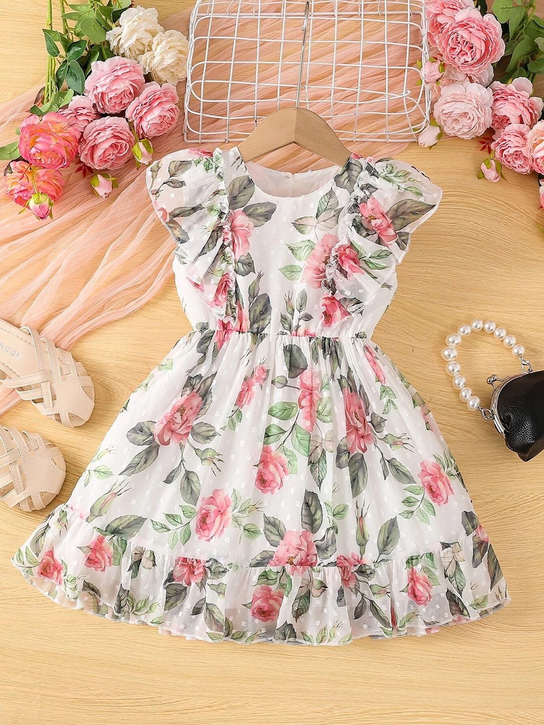 BAESD Girls Floral Print Ruffled Georgette Fit & Flare Dress, White
