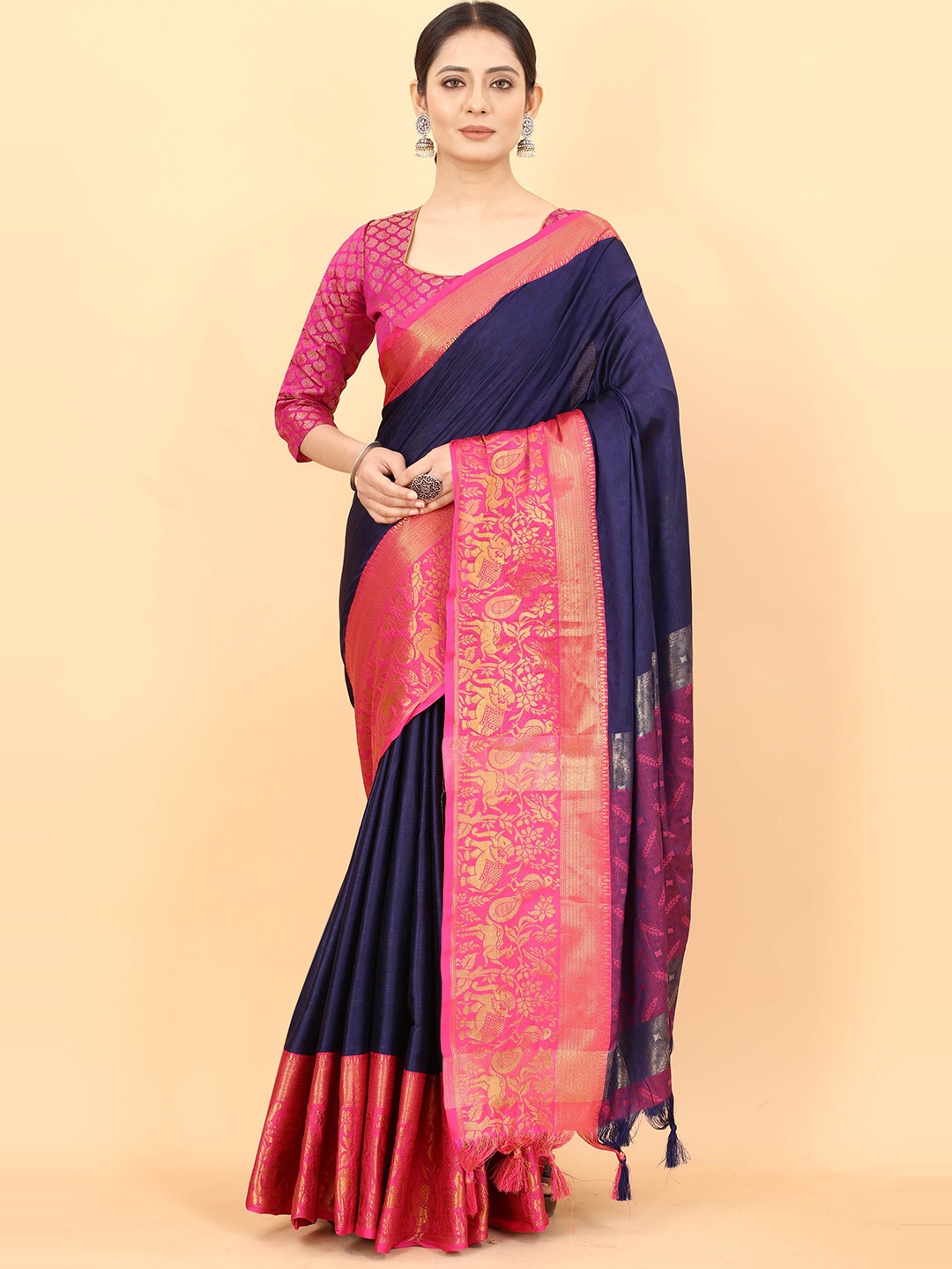 

SMARTLOOKS Banarasi Cotton Banarasi Zari Saree, Navy blue