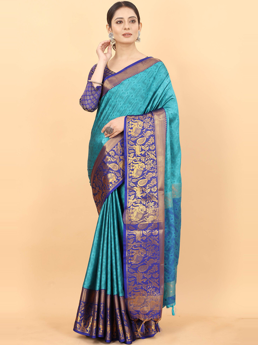 

SMARTLOOKS Woven Design Zari Silk Cotton Banarasi Saree, Blue