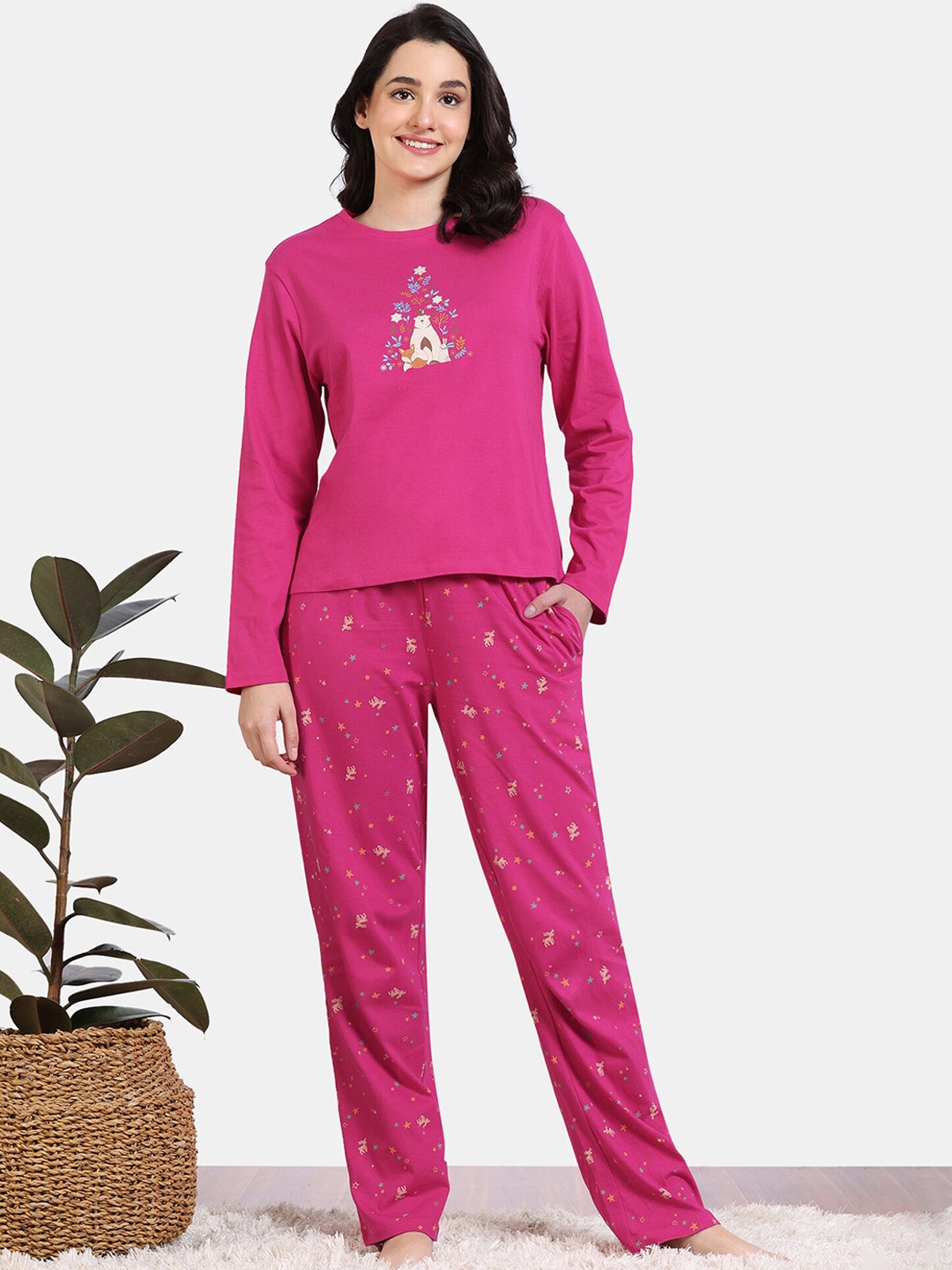 

Zivame Conversational Printed Pure Cotton Night suit, Pink