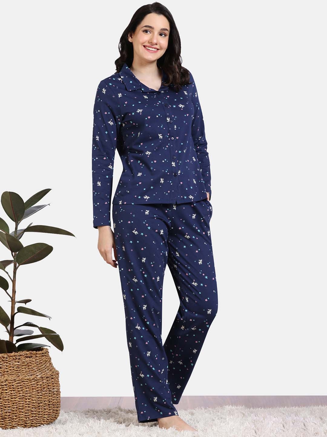 

Zivame Conversational Printed Pure Cotton Night suit, Blue