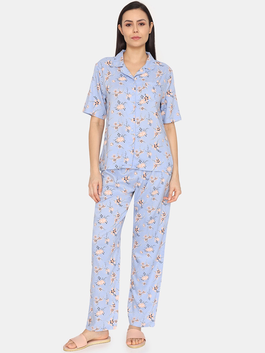 

Zivame Floral Printed Lapel Collar Night suit, Blue