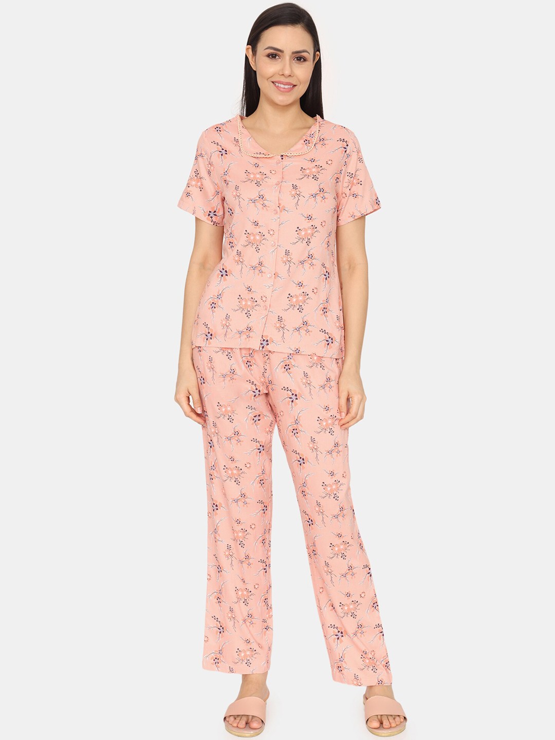 

Zivame Floral Printed Lapel Collar Night suit, Pink