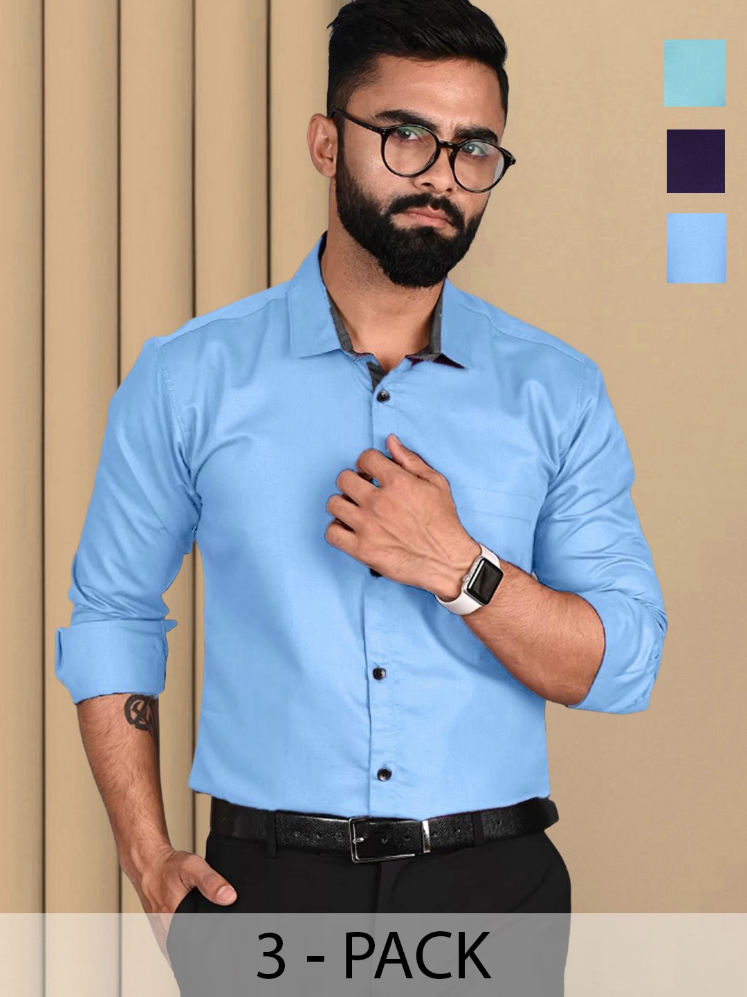 

Tee Projekt Pack of 3 Cotton Formal Shirts, Blue