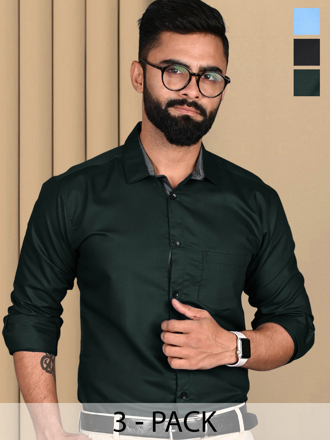 

Tee Projekt Pack Of 3 Standard Collar Cotton Formal Shirt, Green