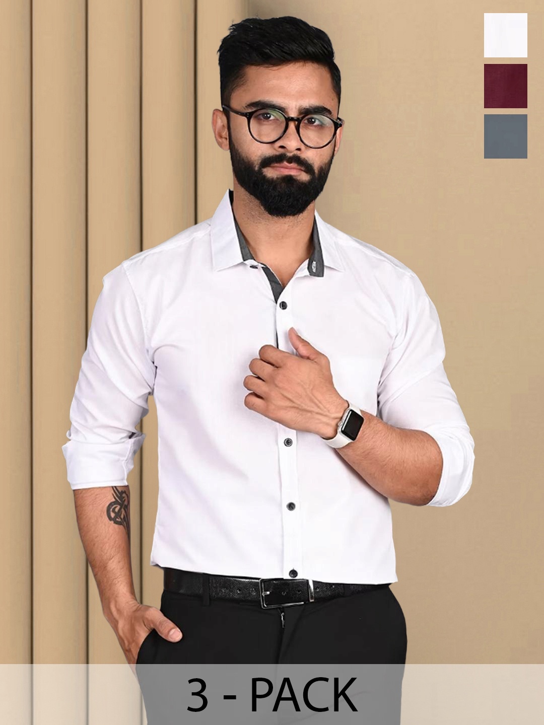

Tee Projekt Pack Of 3 Standard Collar Cotton Formal Shirt, White