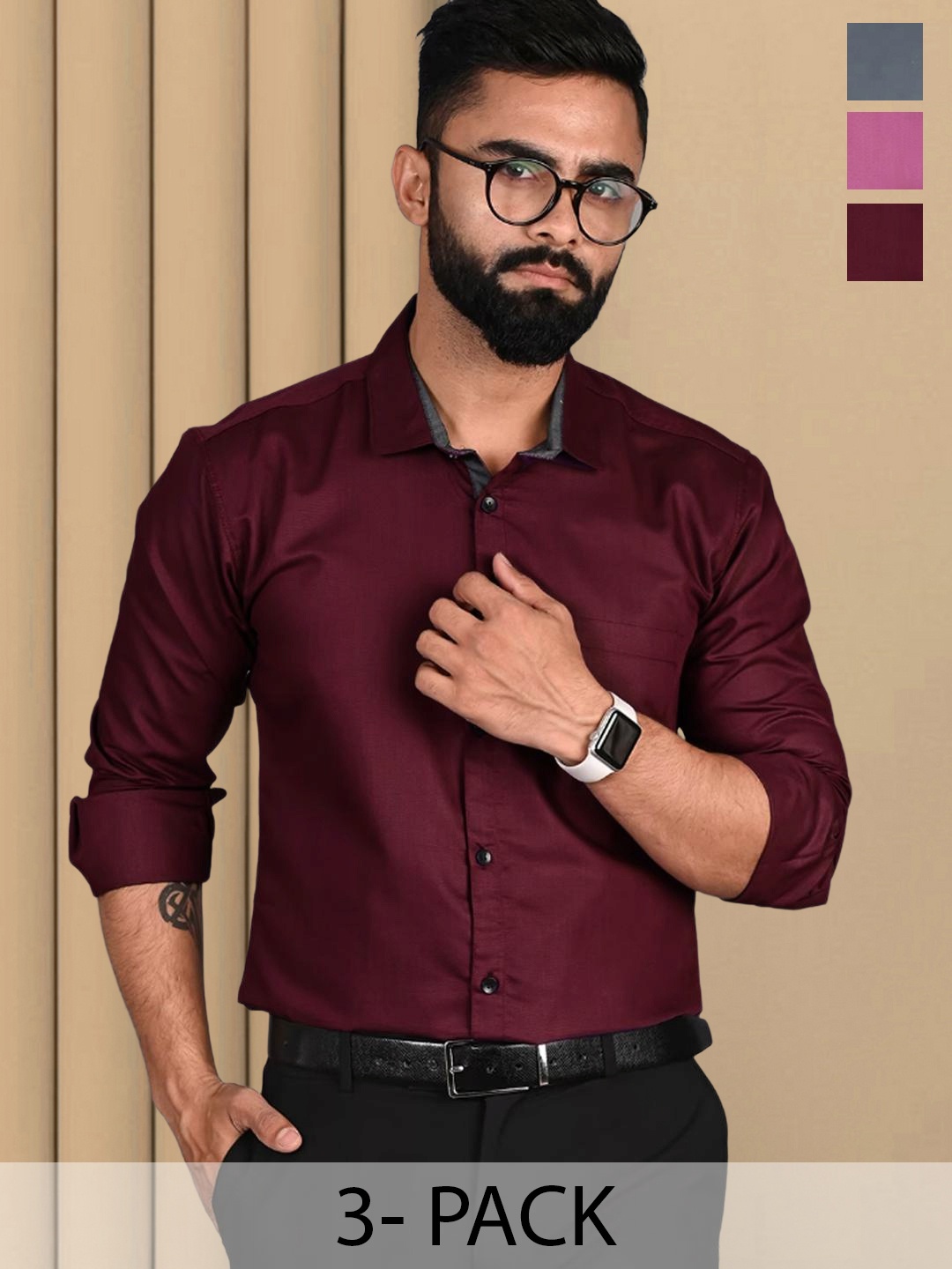 

Tee Projekt Pack of 3 Cotton Formal Shirts, Maroon