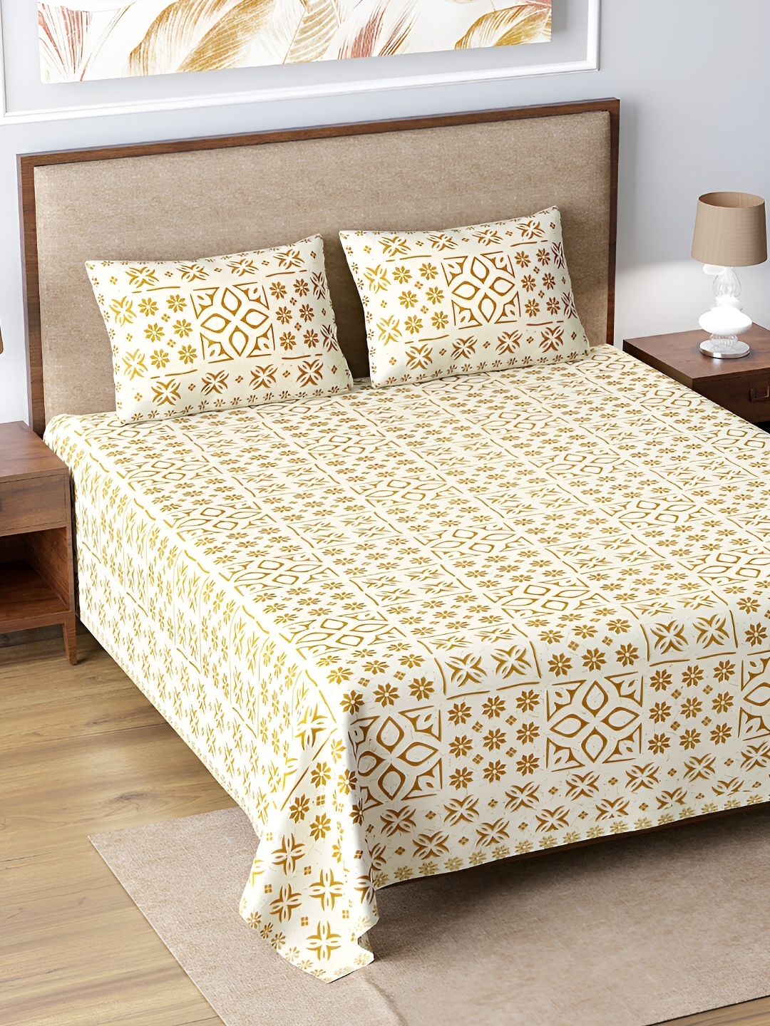 

LIVING ROOTS White & Brown Ethnic Printed Cotton 210 TC King Bedsheet Set