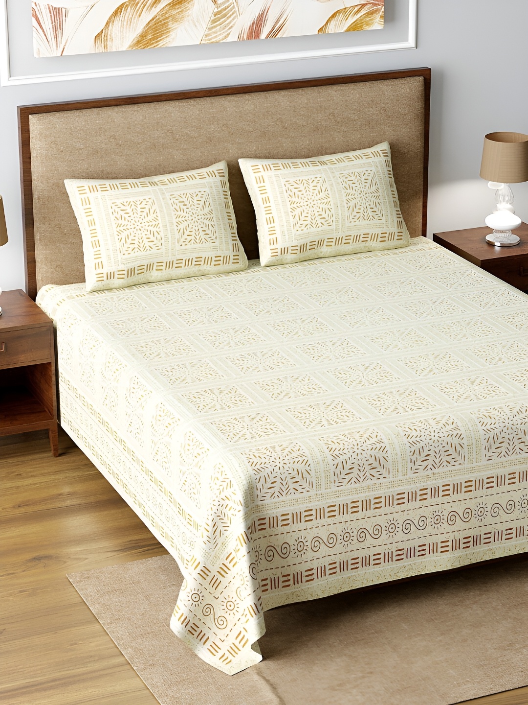 

LIVING ROOTS White & Cream Ethnic Printed Cotton 210 TC King Bedsheet Set