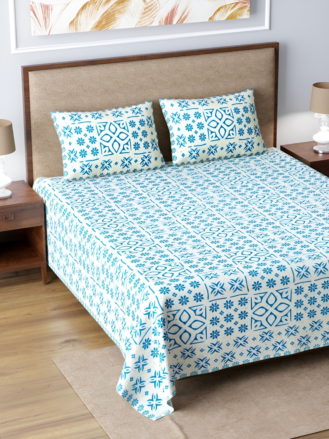 

LIVING ROOTS White & Blue Ethnic Printed Cotton 210 TC King Bedsheet Set