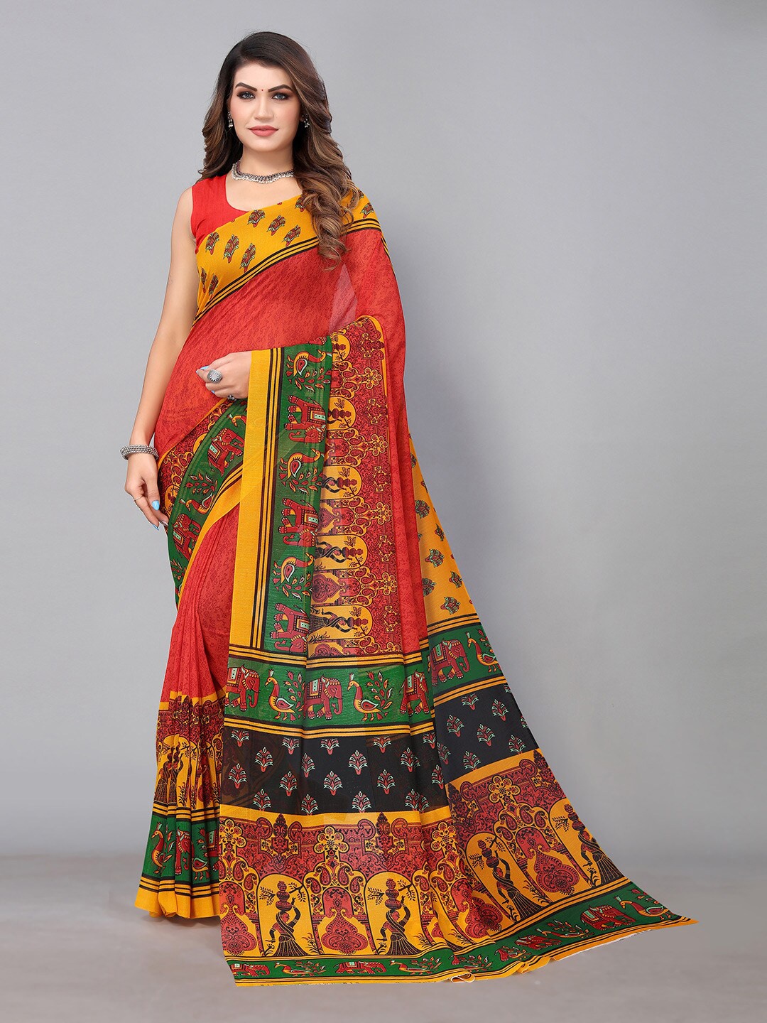 

KALINI Ethnic Motifs Printed Brasso Saree, Red