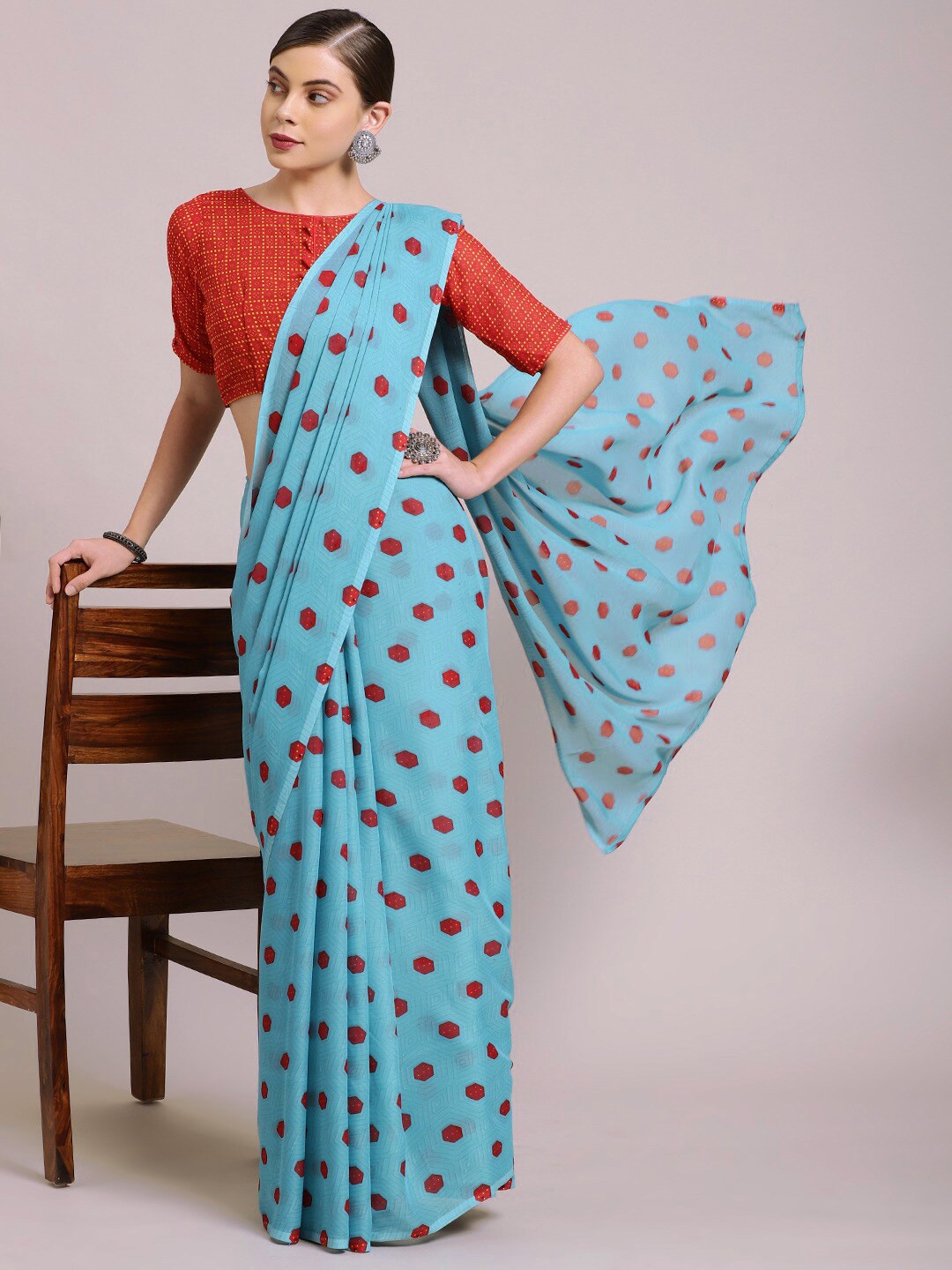 

KALINI Polka Dot Printed Poly Georgette Saree, Blue