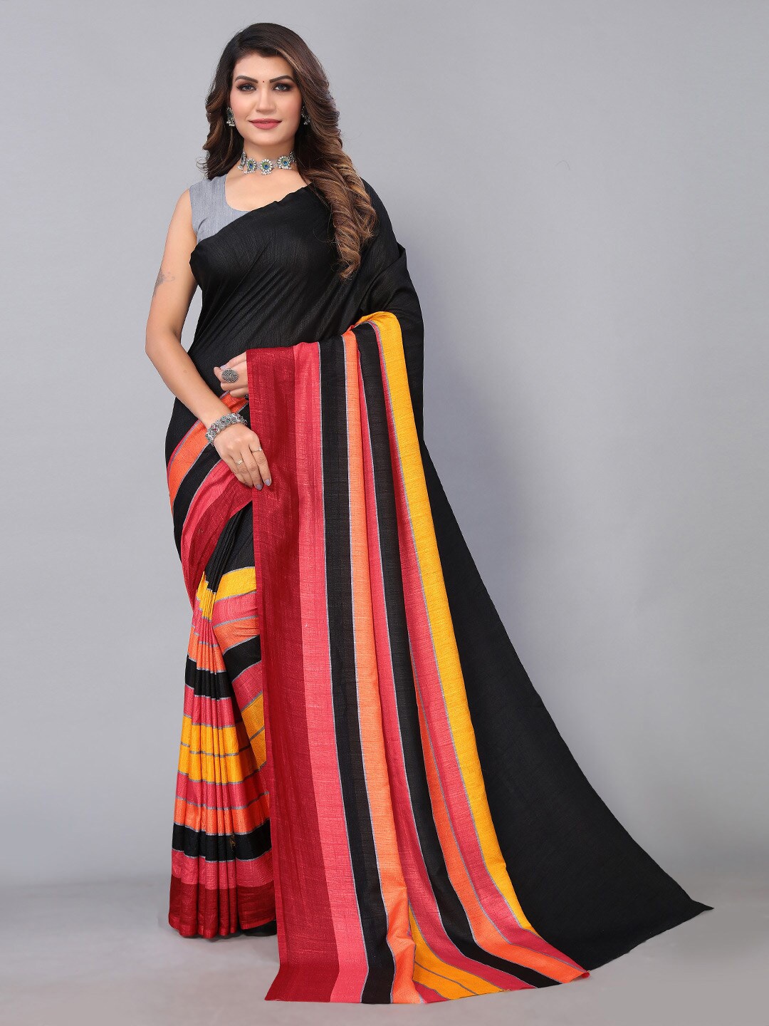 

KALINI Striped Art Silk Saree, Black