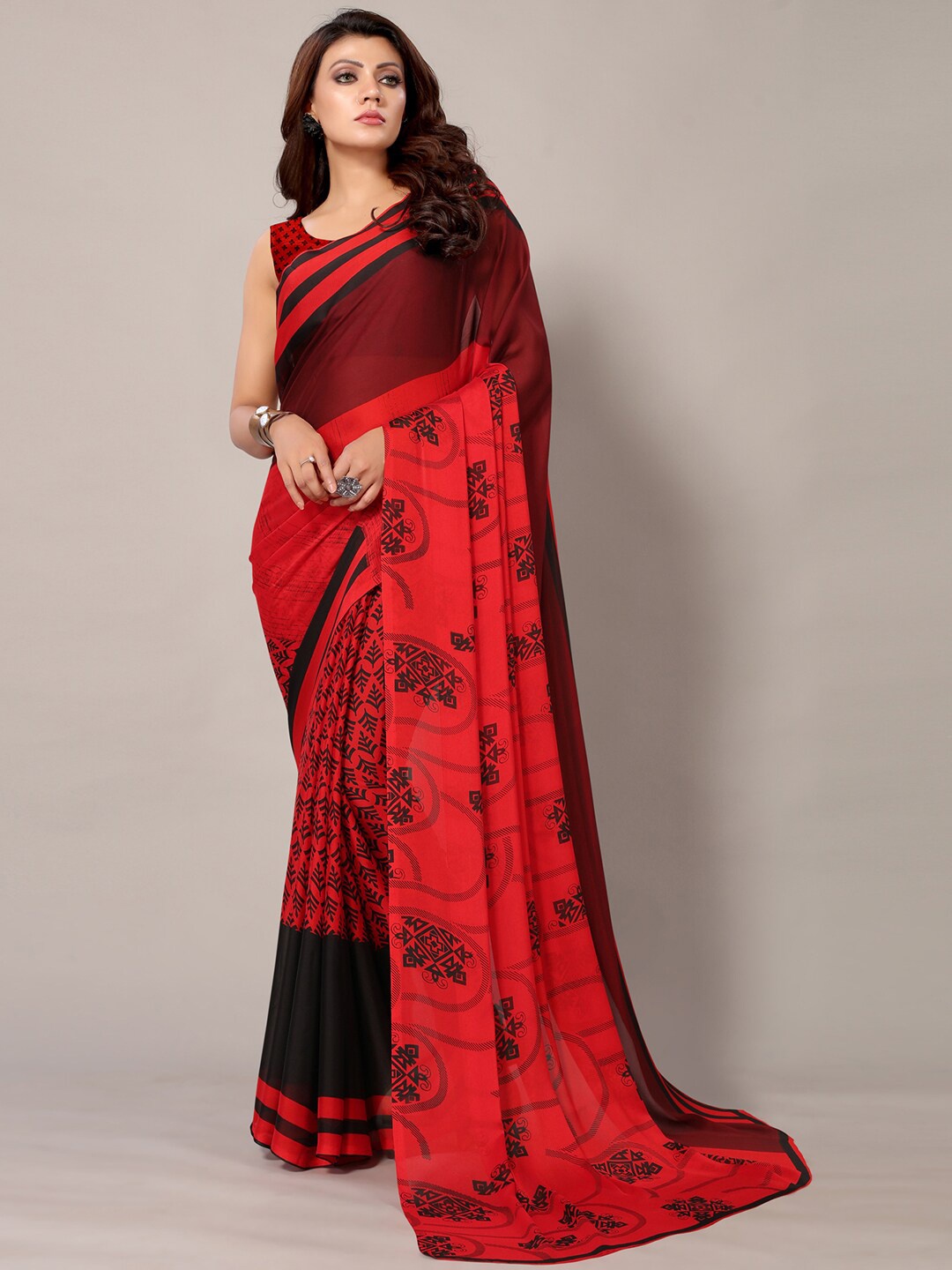 

KALINI Floral Printed Satin Saree, Red