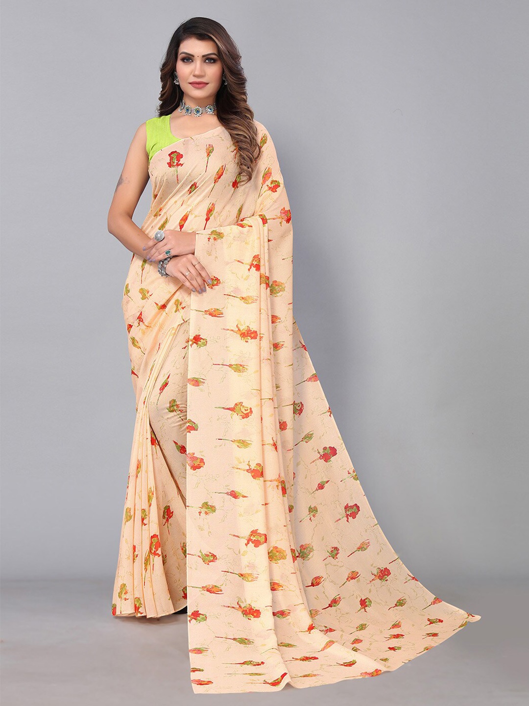 

KALINI Floral Printed Brasso Saree, Beige