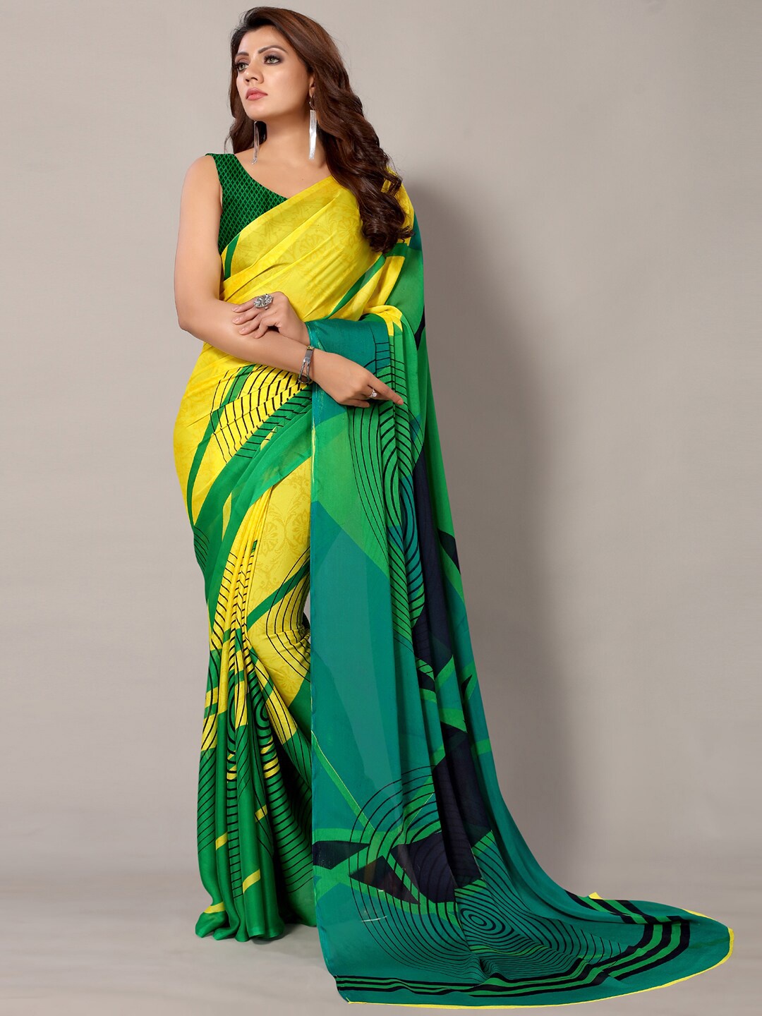 

KALINI Abstract Printed Satin Saree, Green