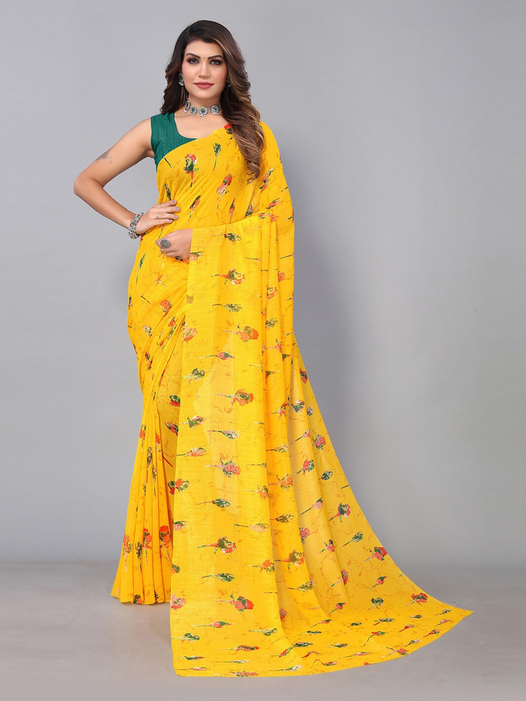 

KALINI Floral Printed Brasso Saree, Yellow