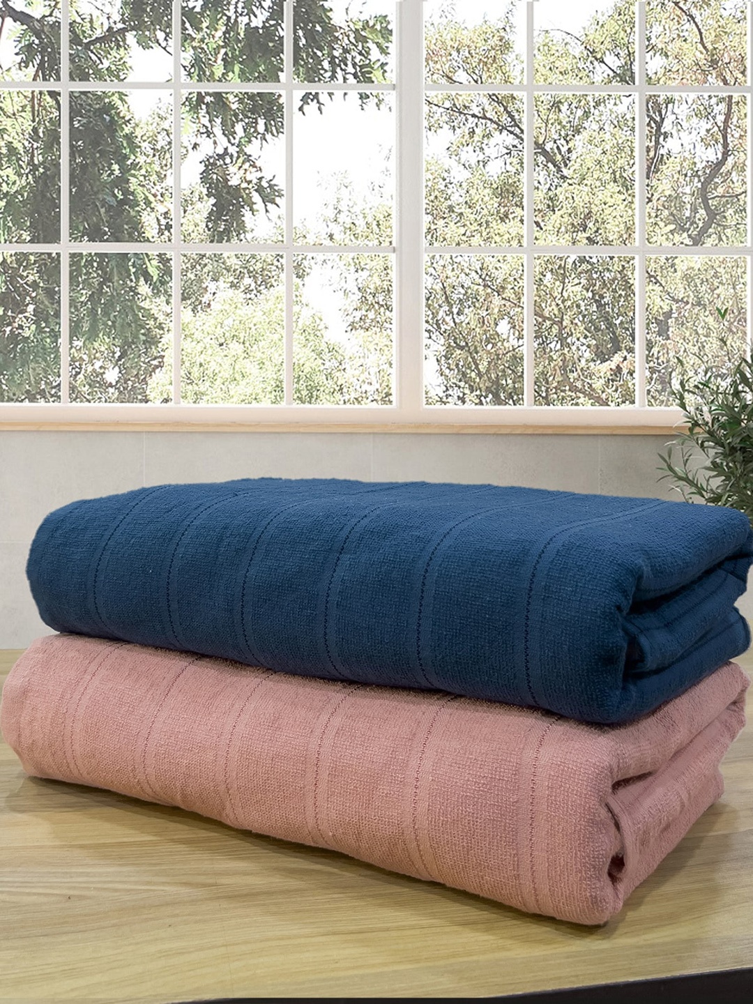 

LABHAM Rose & Blue 2 Pcs Cotton Bath Towels, Pink