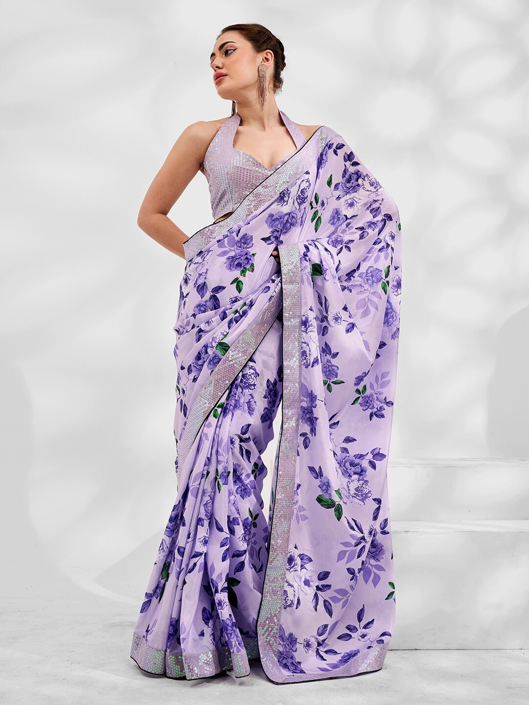 

Mitera Floral Printed Sequinned Pure Georgette Saree, Purple