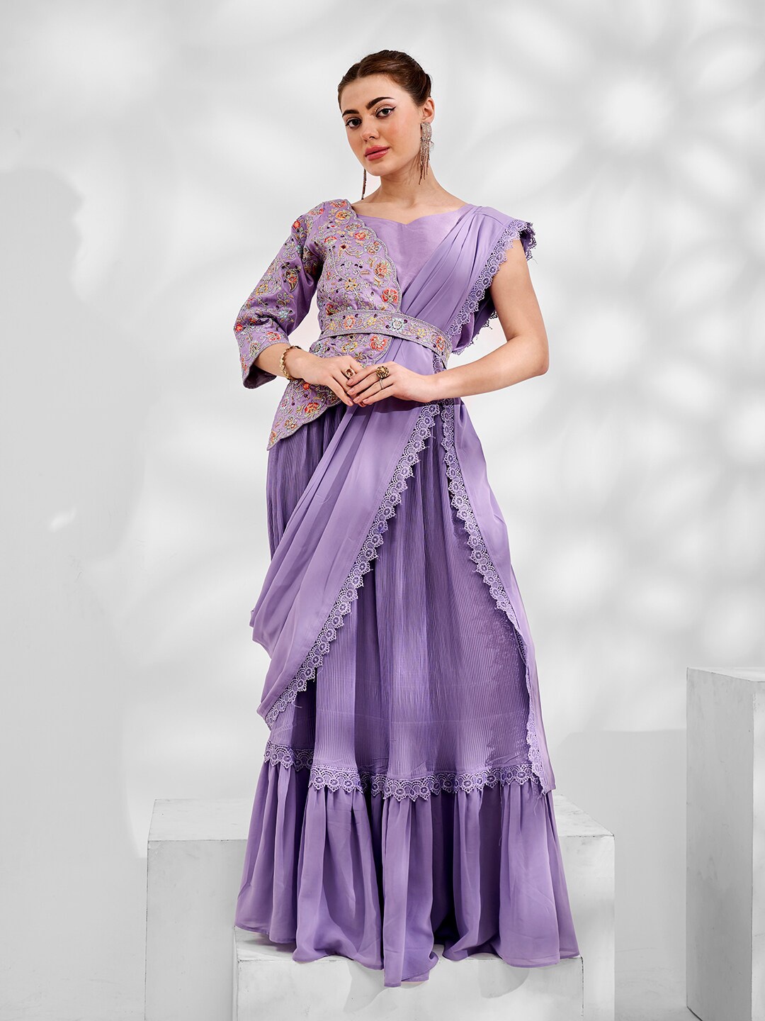 

Mitera Purple Embroidered Embellished Pure Georgette Ready to Wear Saree