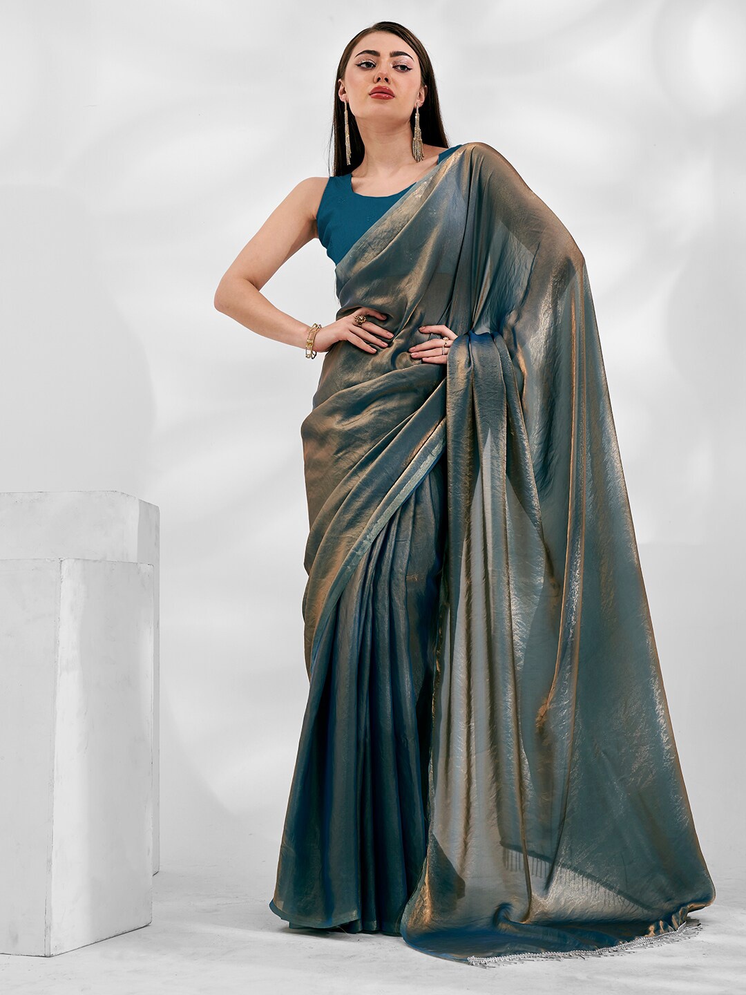 

Mitera Shimmery Organza Saree, Teal