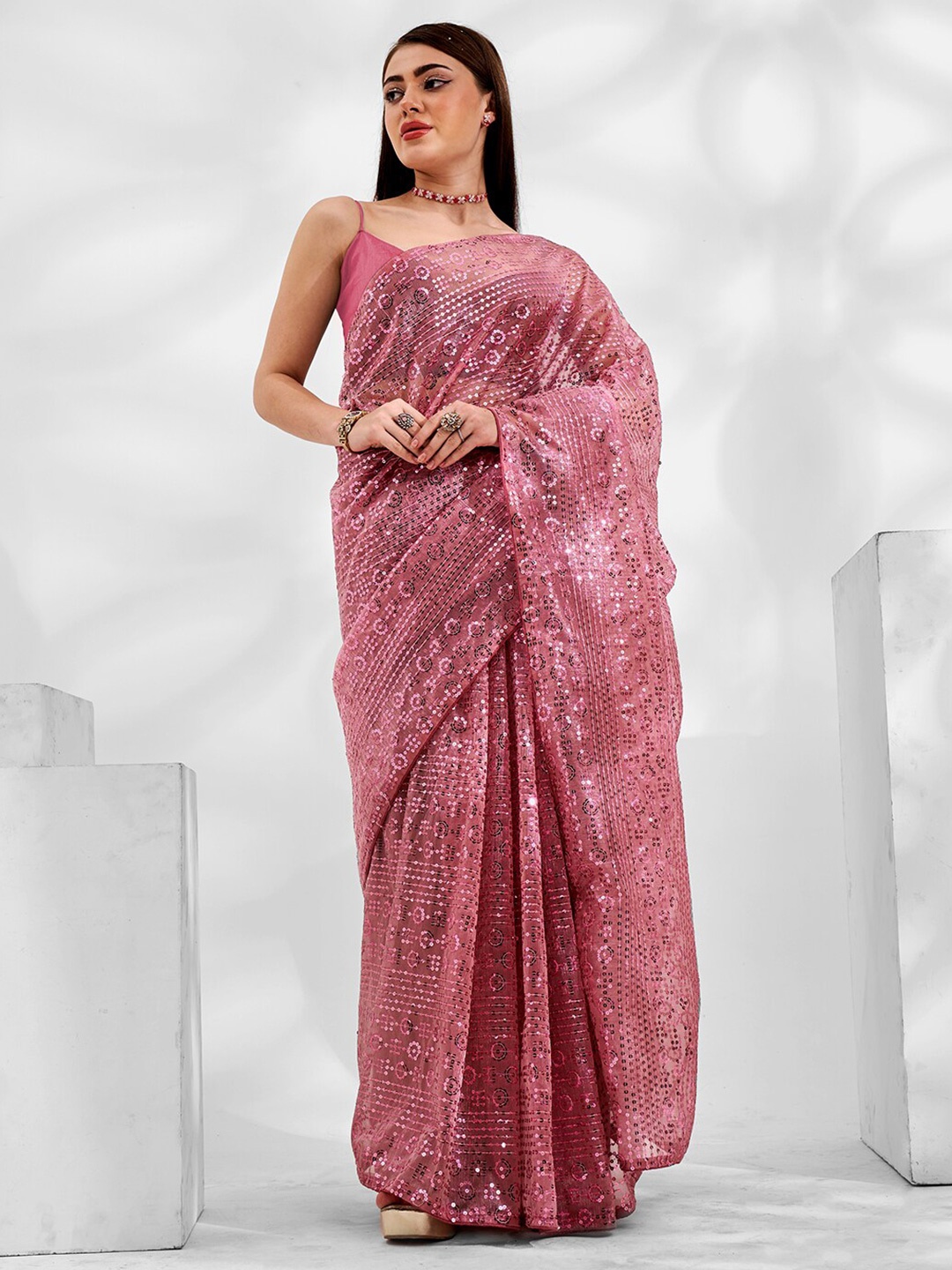 

Mitera Embellished Sequinned Pure Georgette Saree, Pink