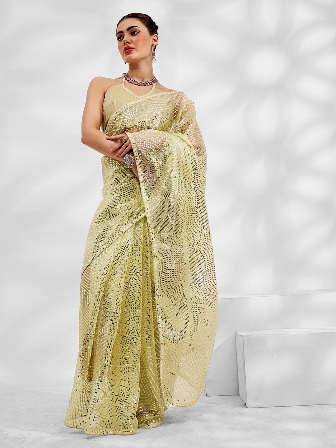 

Mitera Embellished Sequinned Saree, Lime green